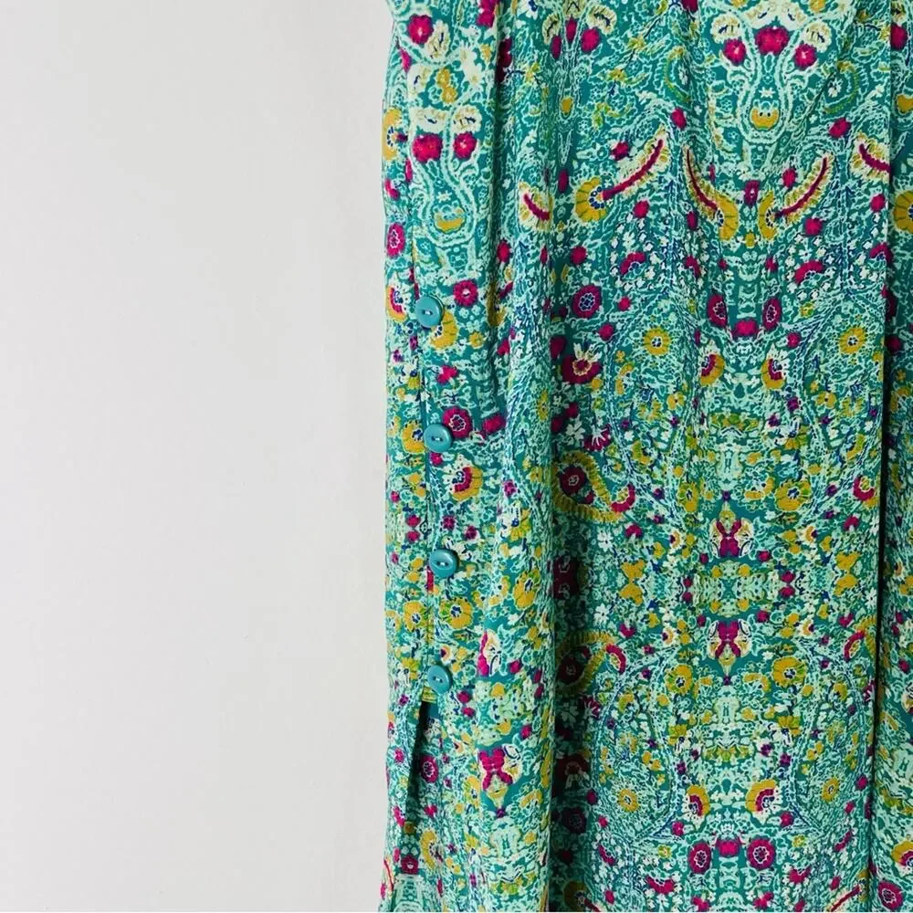 Anthropologie Maeve green pink silk floral boho strappy button tunic top 6 - Picture 7 of 11
